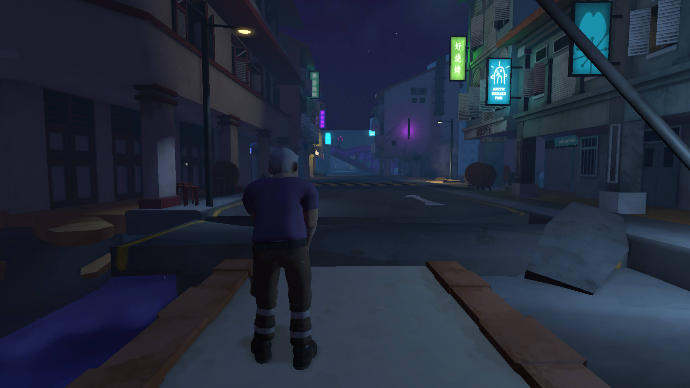 Man standing while looking up at dark empty street