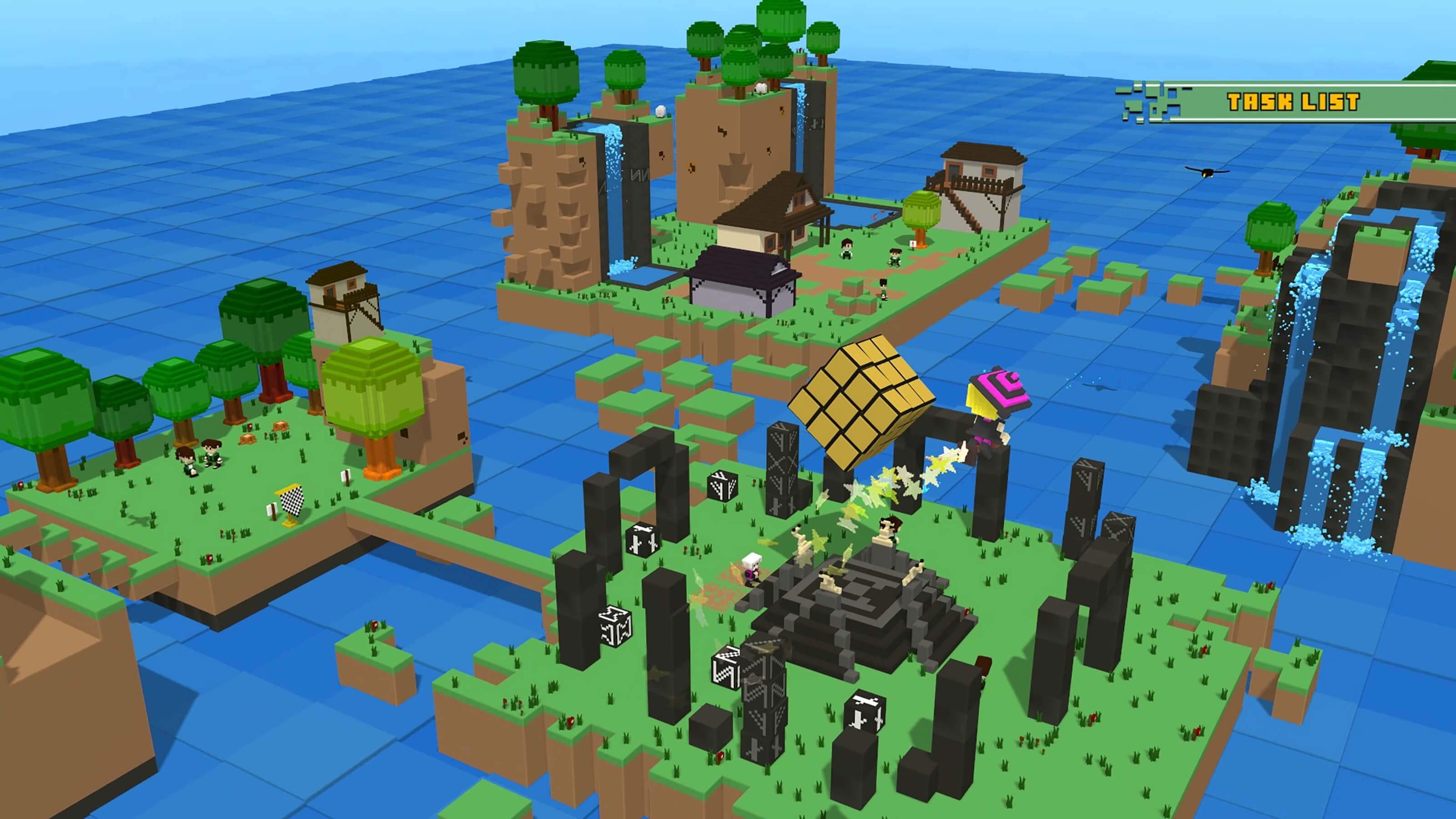 Isometric view of a 3D voxel world, made of green islands filled with ruins, villages, and waterfalls.
