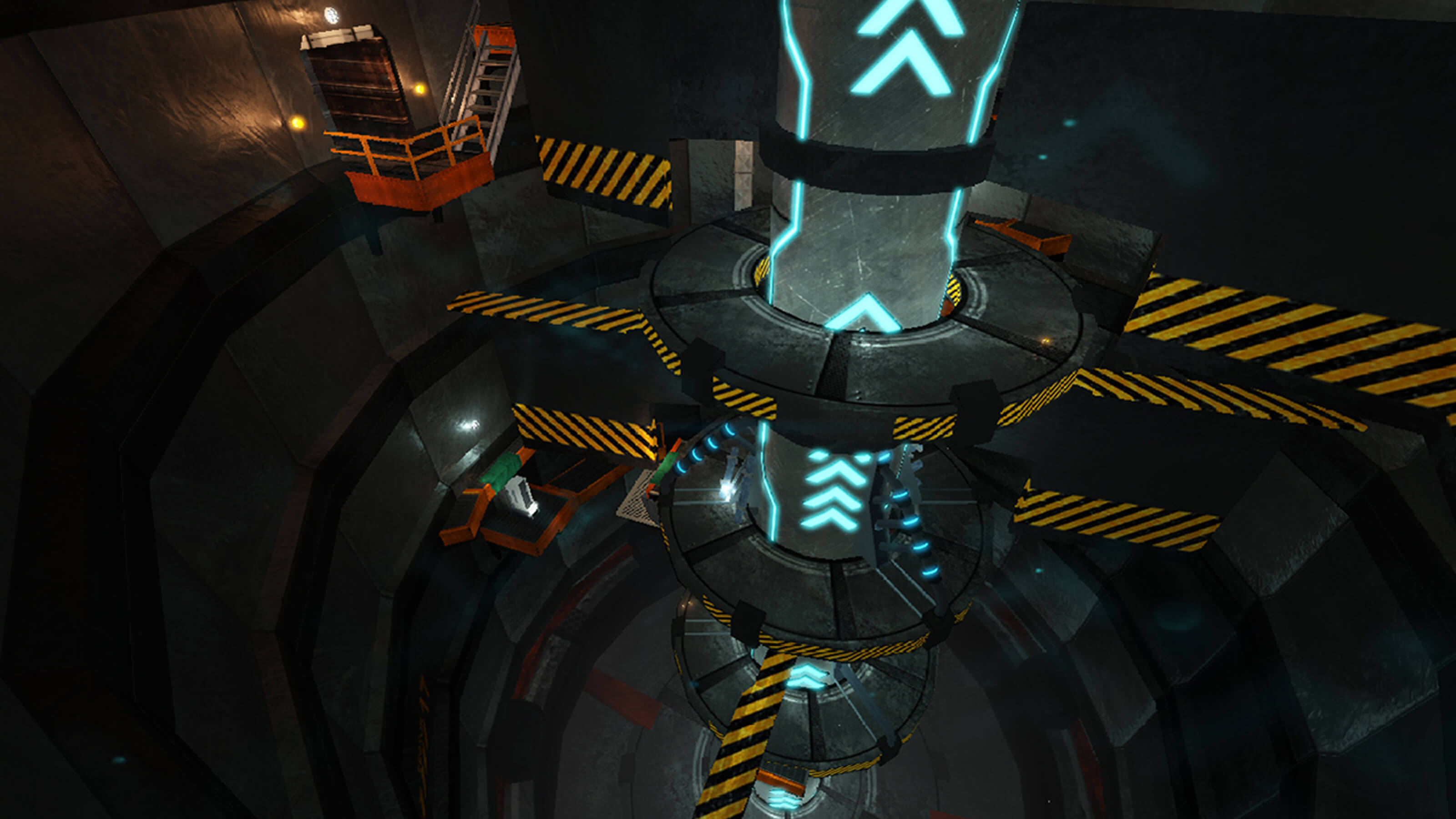A column marked with glowing blue indicators rises up several stories from the ground to the player's level