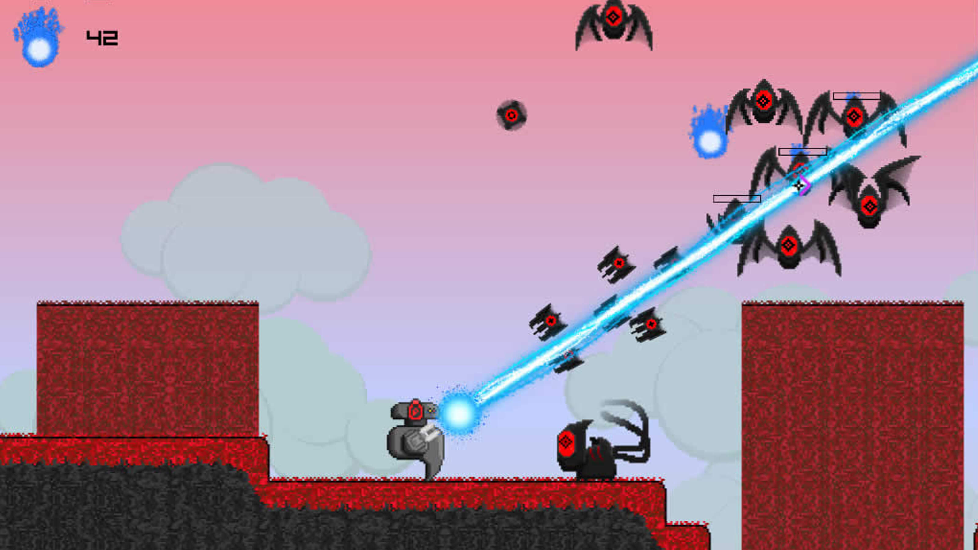 The player's robot character fires magenta bullets as enemy bats shoot back blue balls of fire