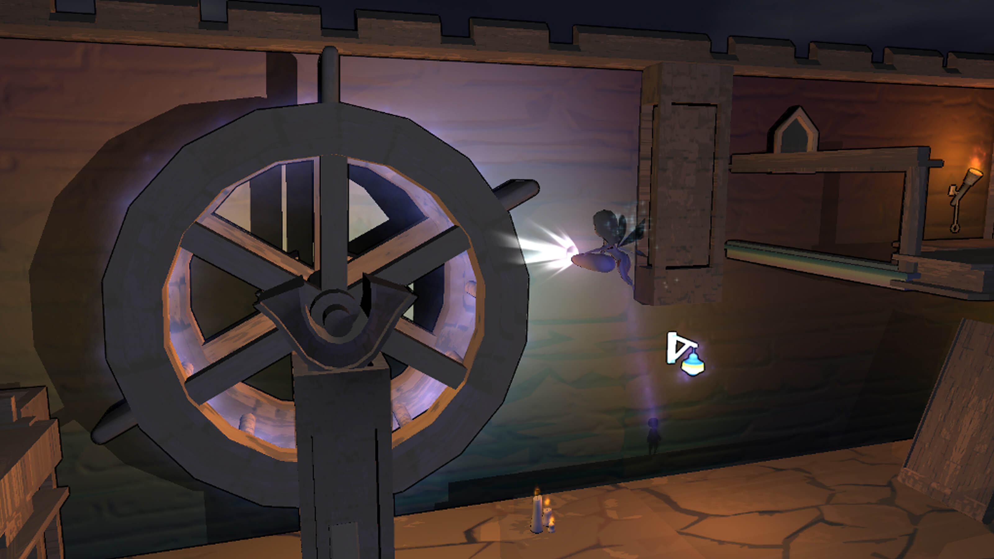 The player's fairy character illuminates a wooden waterwheel