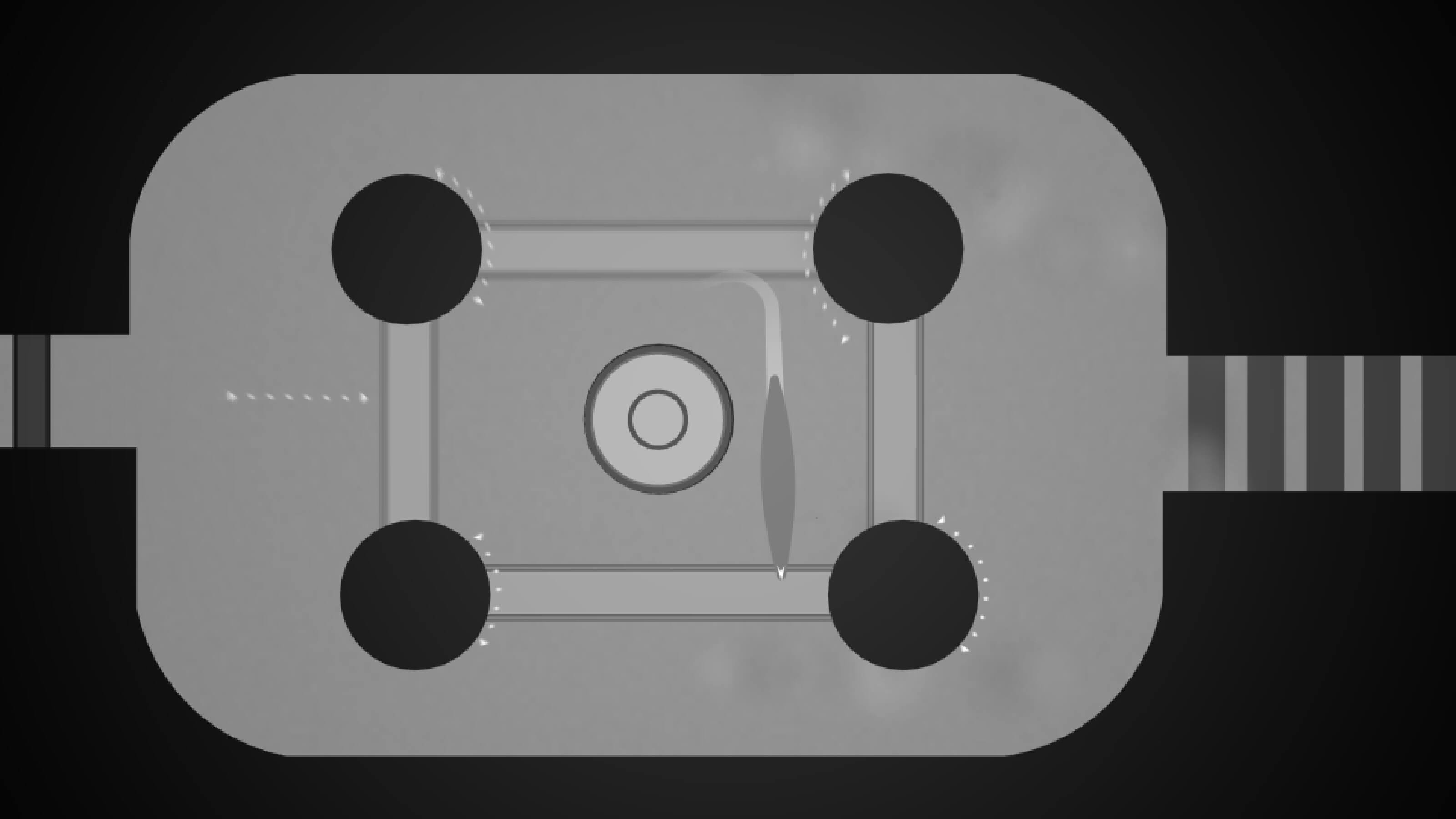 Rendered in grayscale, a slug-like creature is seen from top down in an enclosed, rectangular area with four black circles.