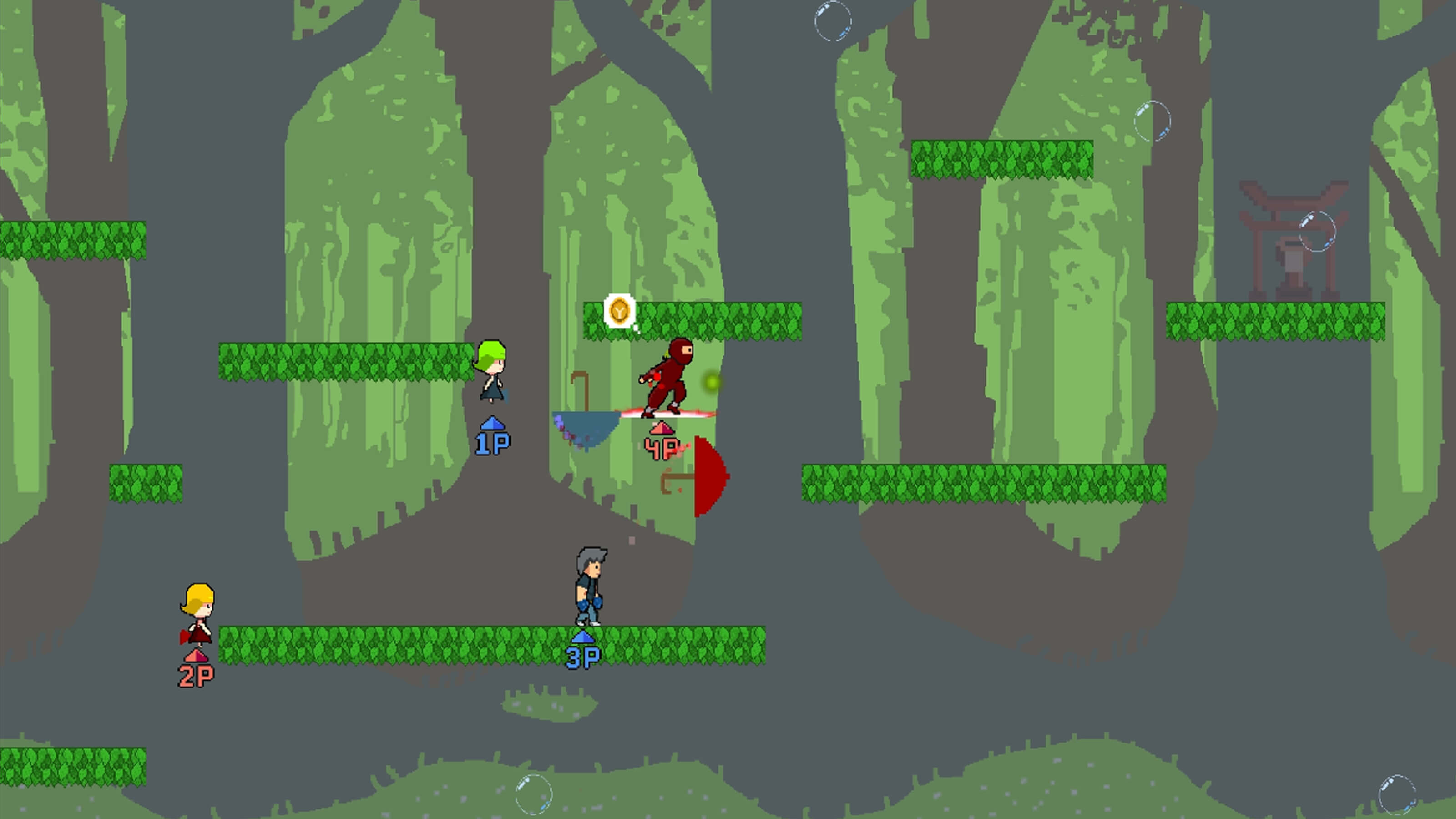 Four players stand or jump around leafy platforms on a map with a jungle background