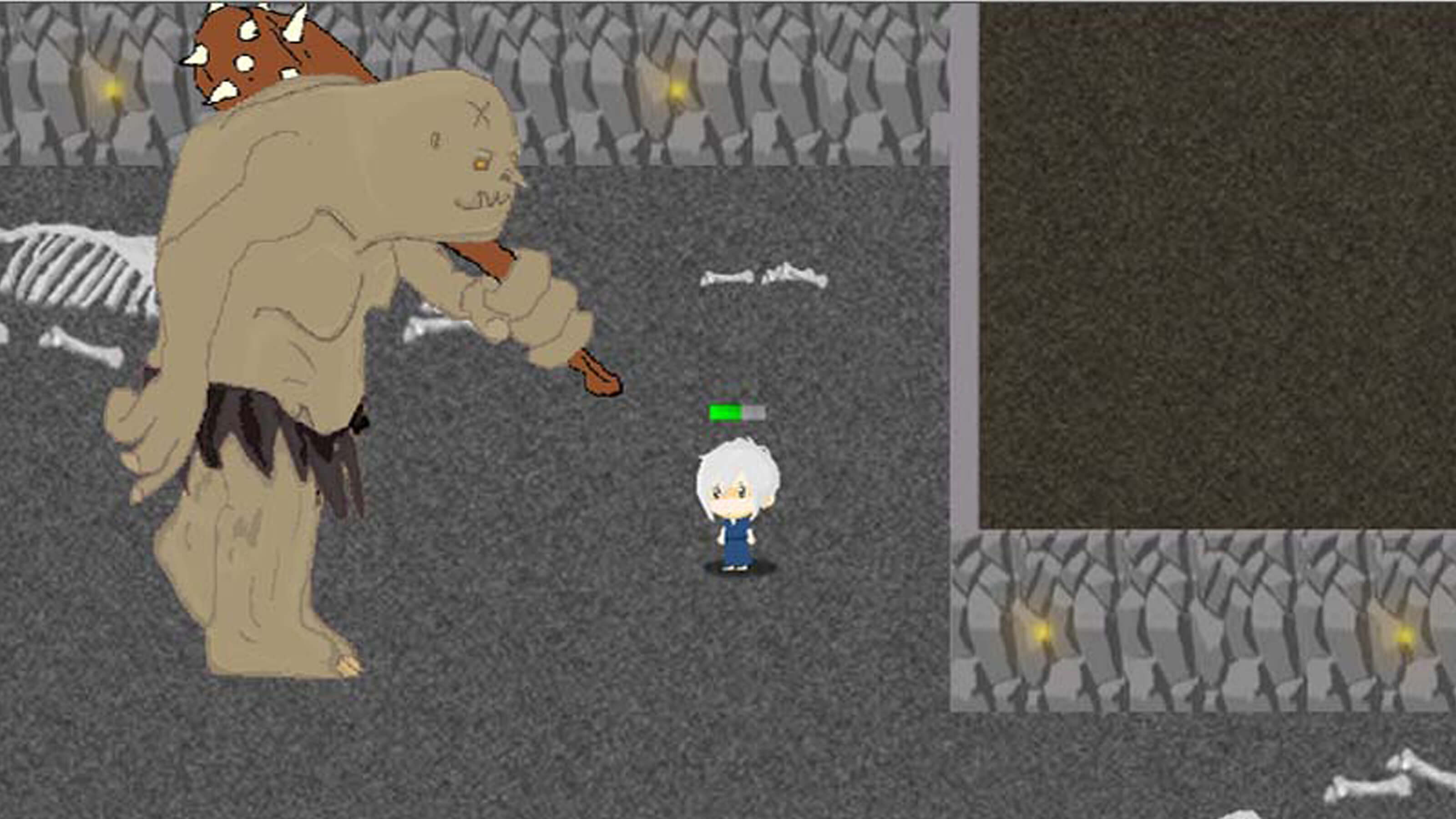A large brown ogre carrying a spiked club stands next to the player's character in a torch-lit dungeon
