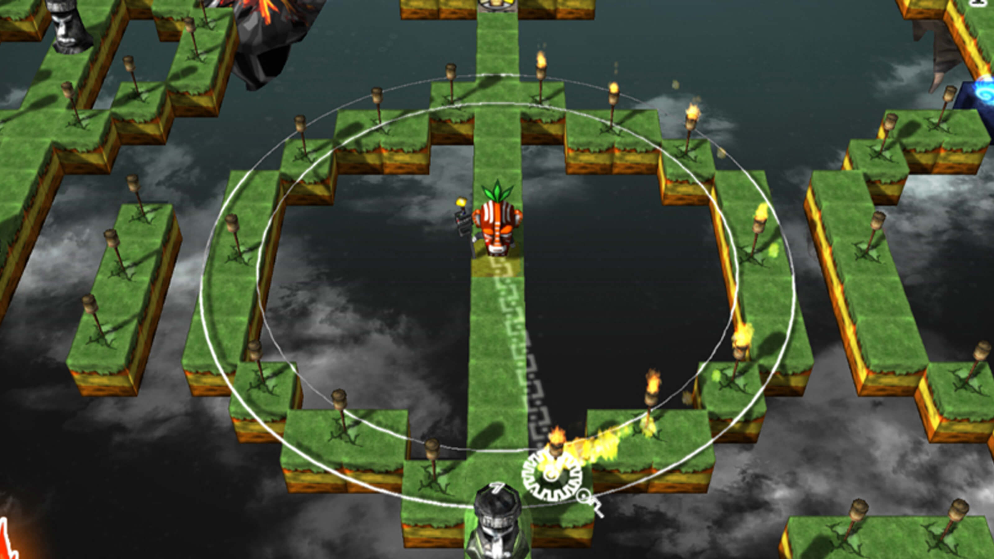 The player's character stands at the center of a single-block row and is lighting torches arranged in a circle around itself