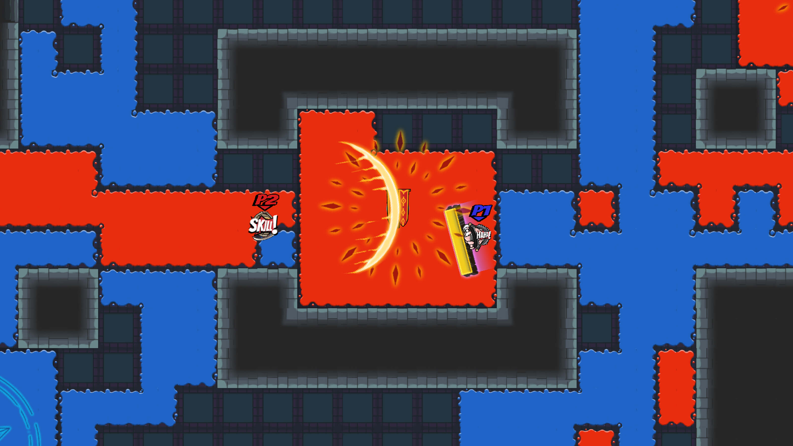 Two players in a top-down map fight each other by attempting to paint the floor with their own colors