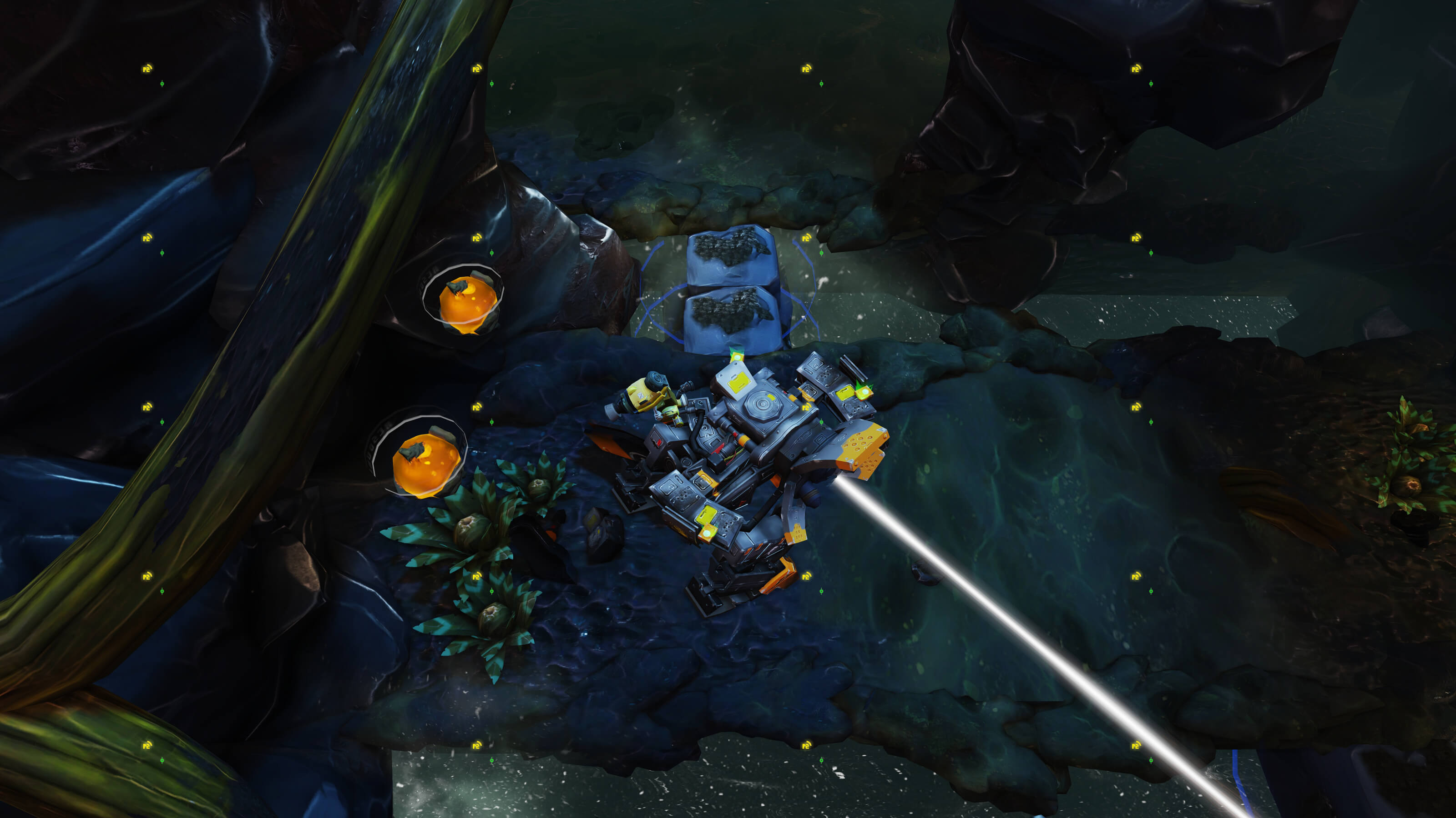 A battle mech shoots a white laser in an underground passage