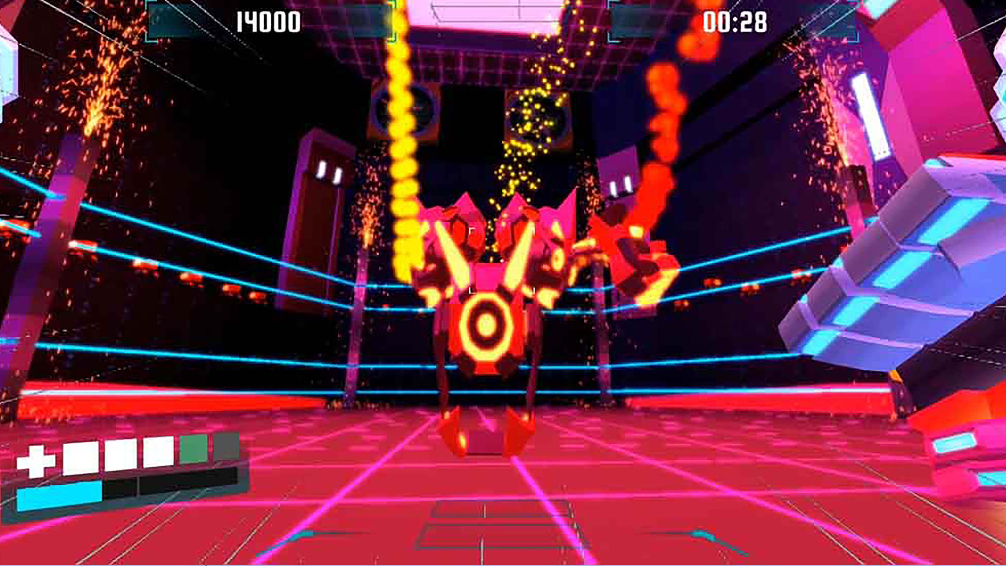 A large red and magenta robot with glowing orange highlights stands in a fighting ring lined by neon blue lasers.