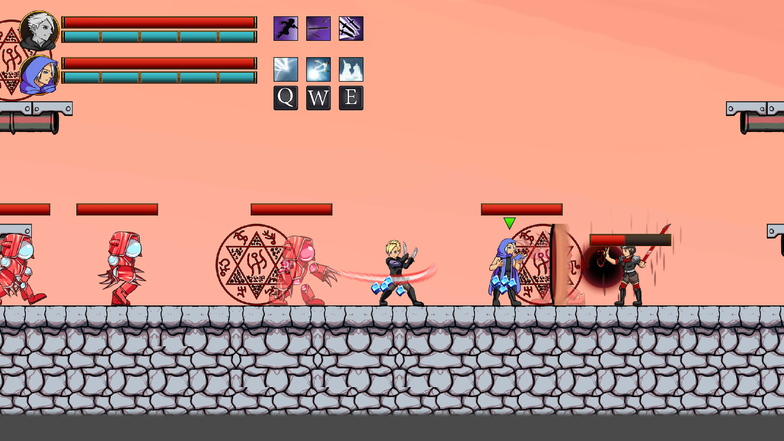 A black-clad thief wielding twin knives and a violet-cloaked mage battle against a wave of 2D enemies on a stone road.