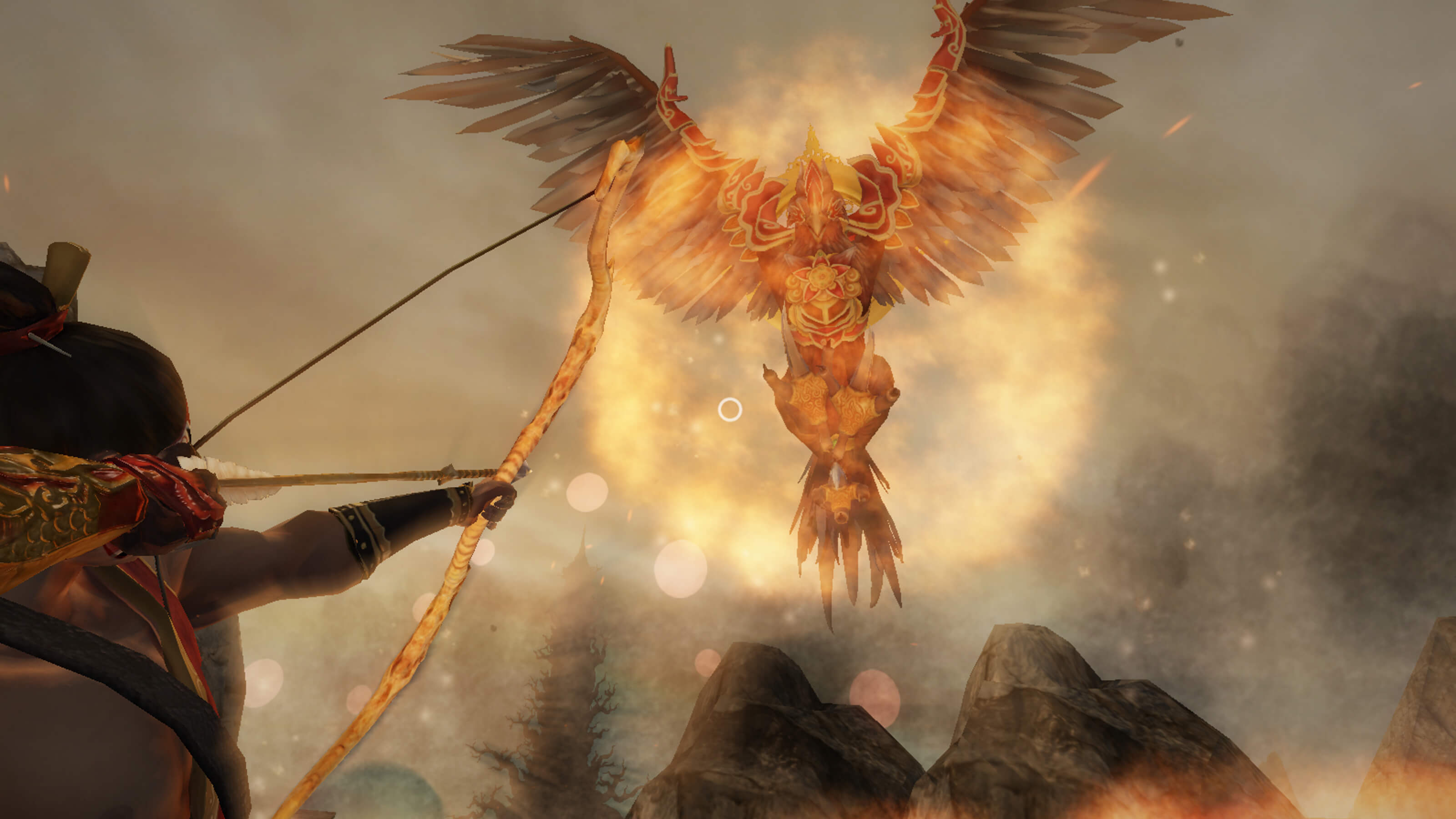 The player taking aim at a glowing, fiery bird in the air with a bow and arrow