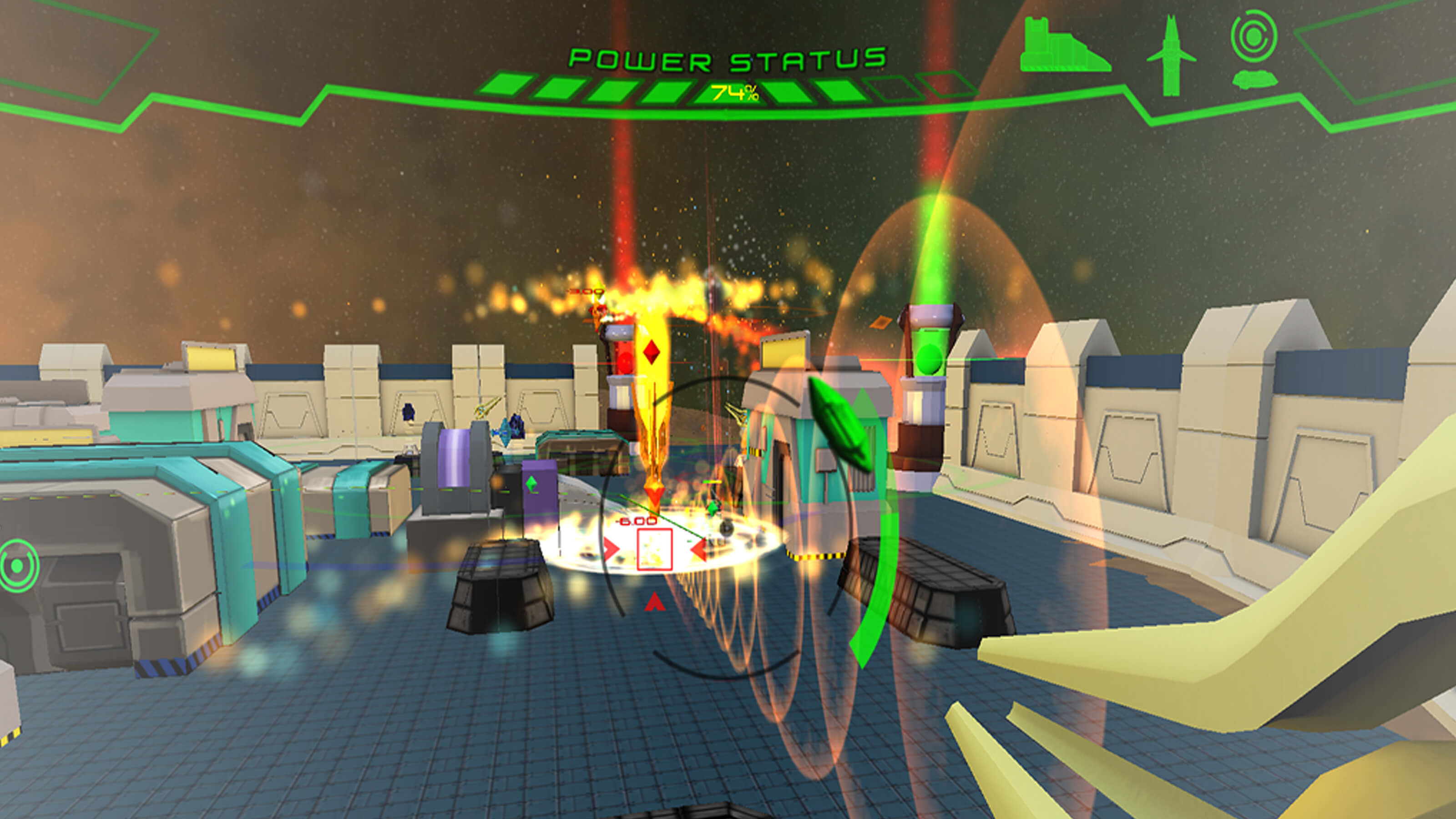 Player's first-person view of the playable area. Turrets, particles, and a HUD fill the screen.