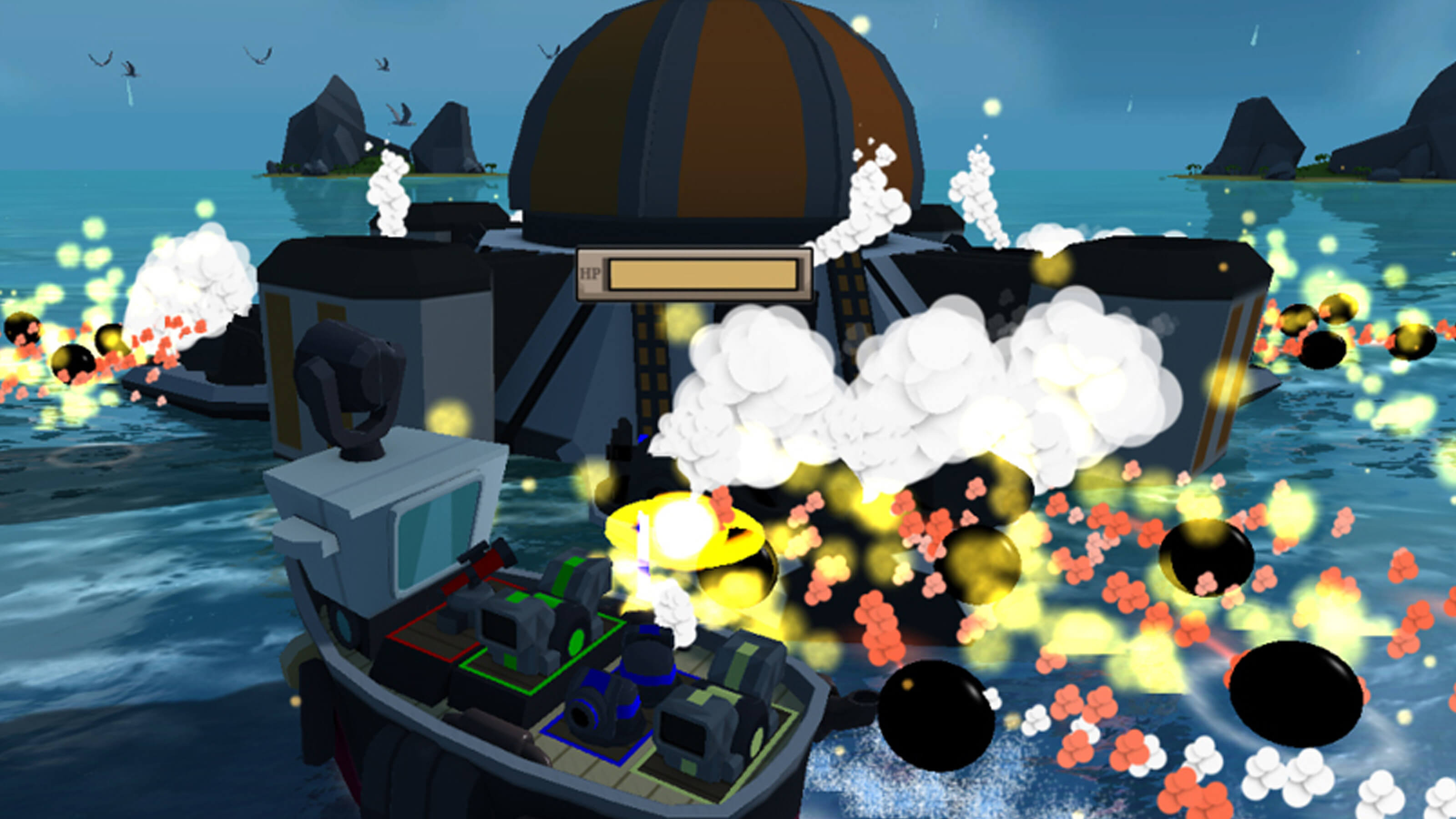 The players' boat dodges a barrage of cannon balls from a massive boss floating on the ocean