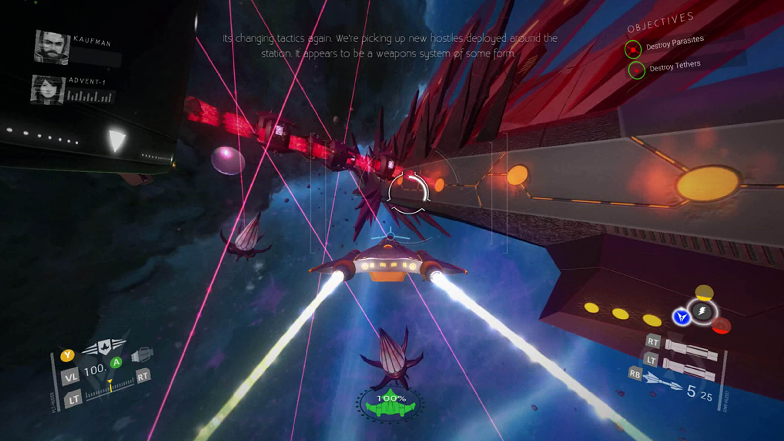 The player's spacecraft cruises toward a massive, angular boss ship. Flower-bud shaped enemies stand in the way