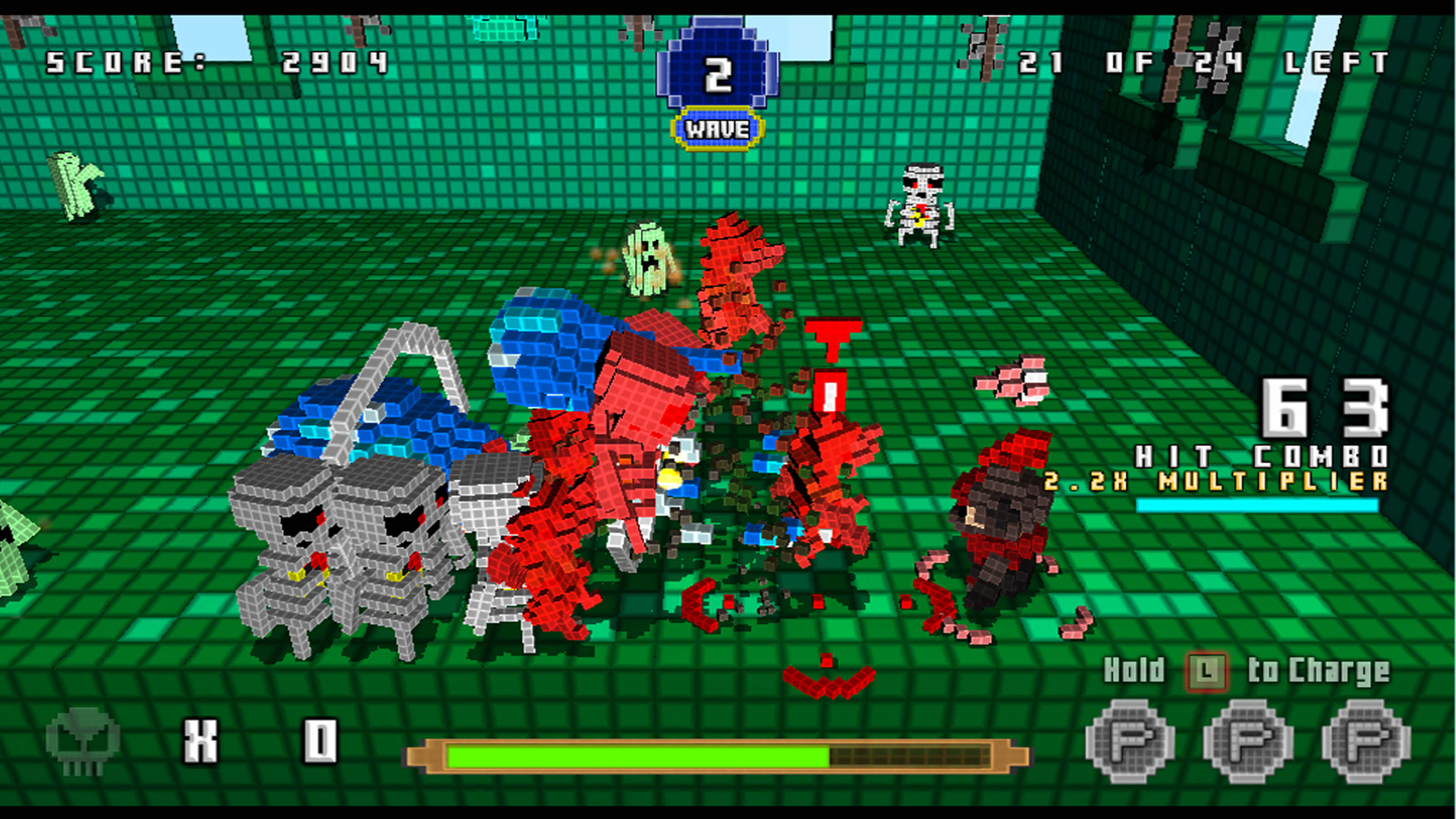 A crowd of multicolored, voxel-based enemies descend on the player on a green-background map