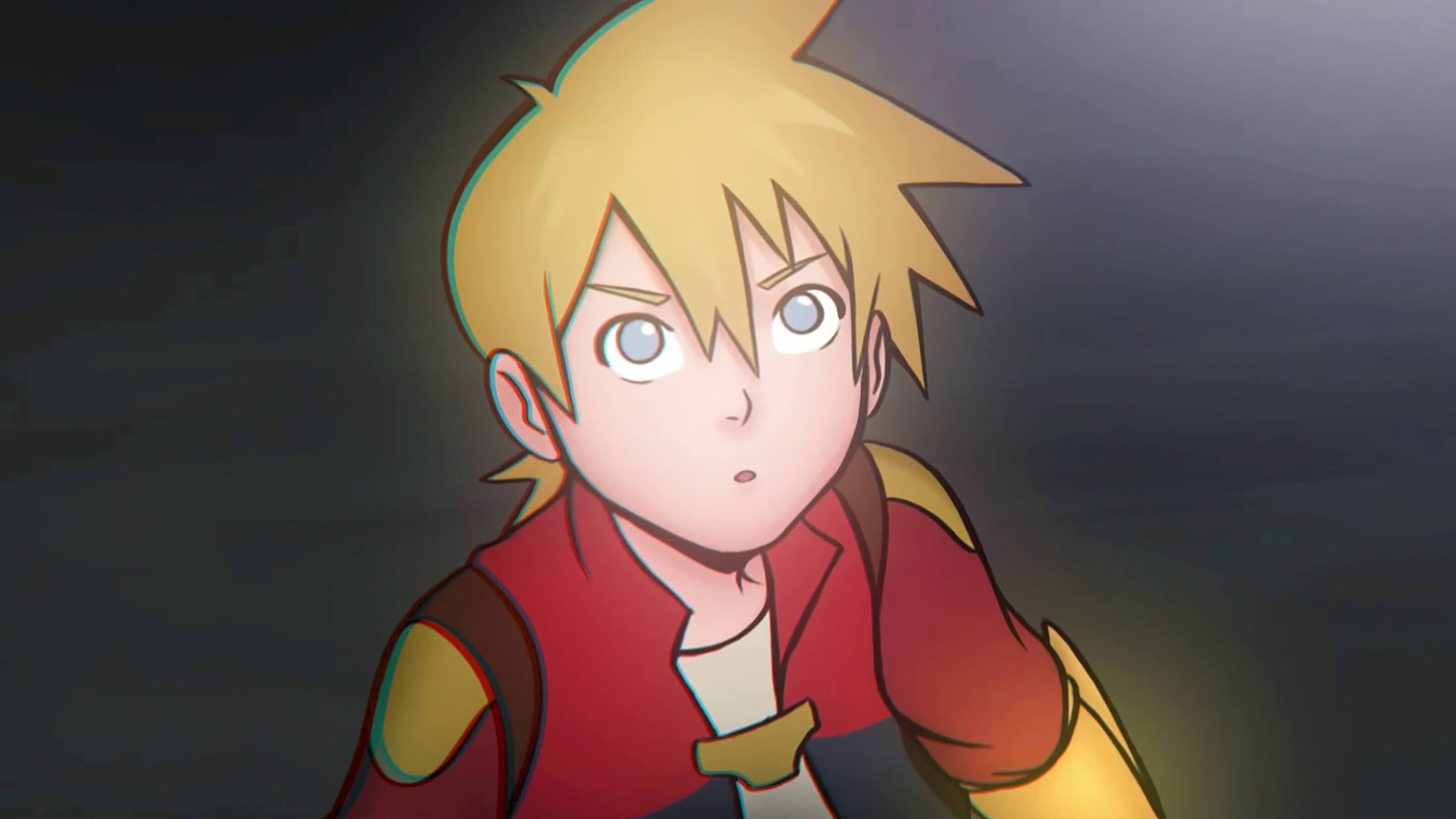 A closeup of a brightly lit young man with blonde hair and a red tunic looks upward.