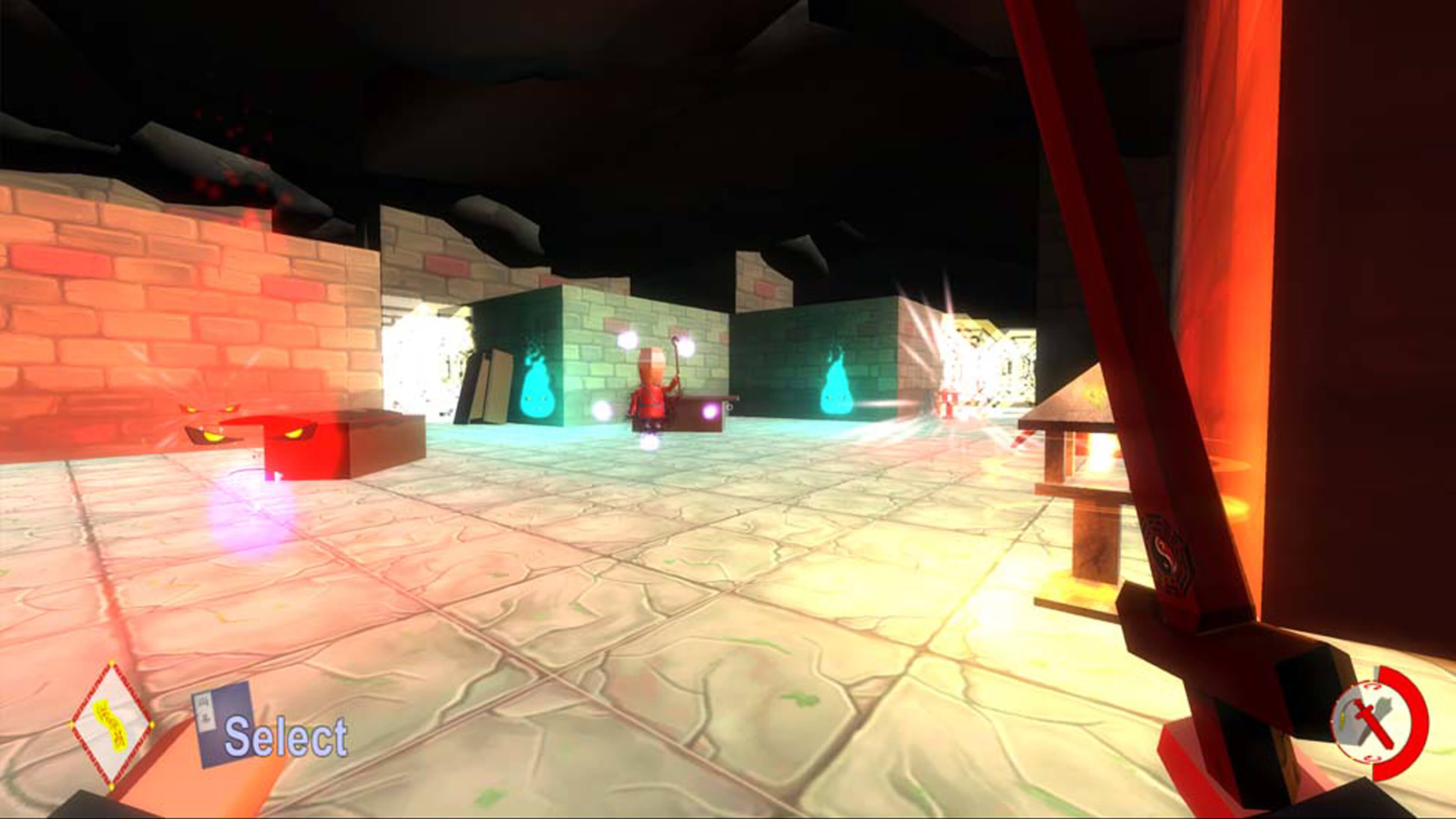 In first-person view, an enemy stands ahead surrounded by floating pink spheres and aqua flame balls