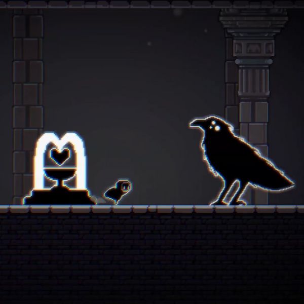 A hooded character, Ruby, stands in front of a massive crow.