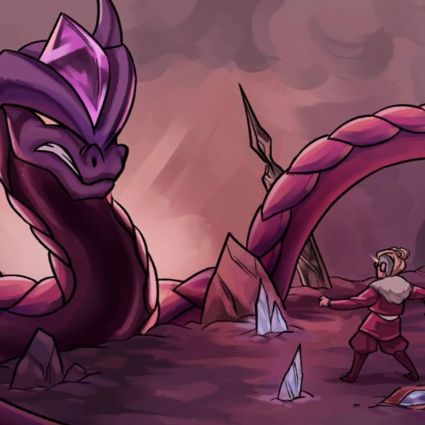 A large dragon appears in front of an adventurer in a cave.