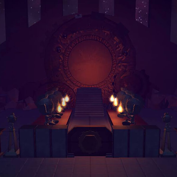 A flame-lit shrine sits empty on the world of Aratea