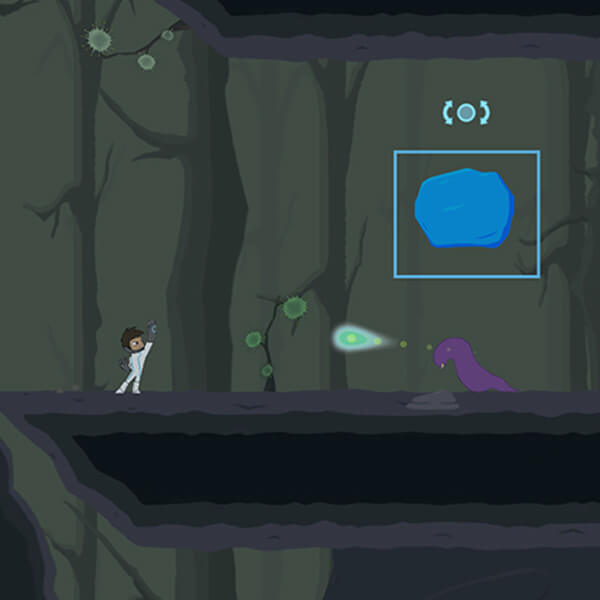 A futuristic 2D character levitates a boulder above the head of a purple slug alien in a rocky, dimly lit world.