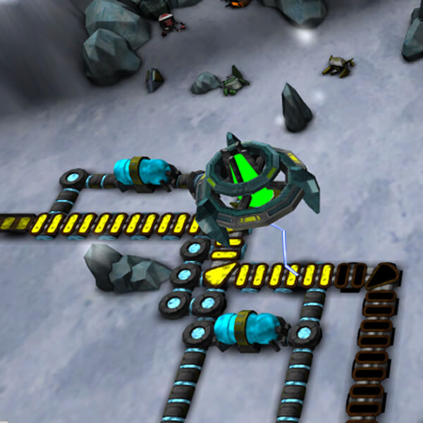 The player's defensive systems are arrayed along blue and yellow tracks, as a green enemy robot flies overhead for an attack