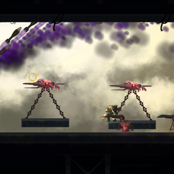 Yellow mech stands atop a platform being carried by pink flying machines