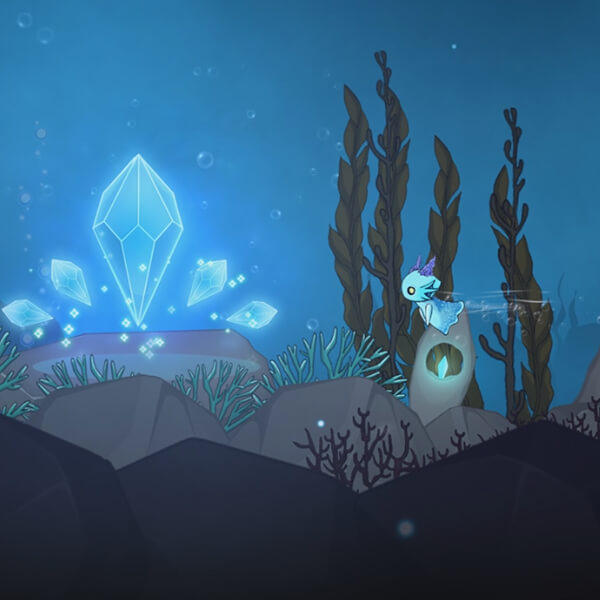 A neon-blue sea creature with purple horns swims toward a collection of floating blue gems underwater.