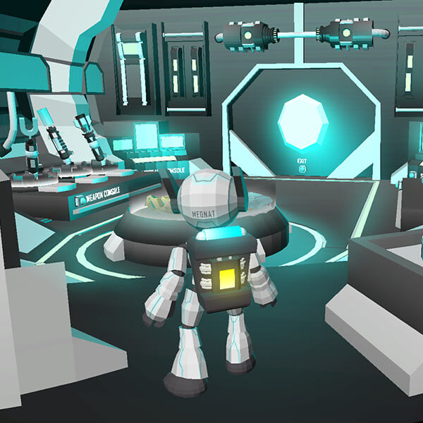 A futuristic white robot seen from behind standing in a blue-hued laboratory filled with technological consoles.