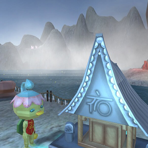 The player's kappa character stands at a small shrine on the shore, with a lake and misty mountains in the background