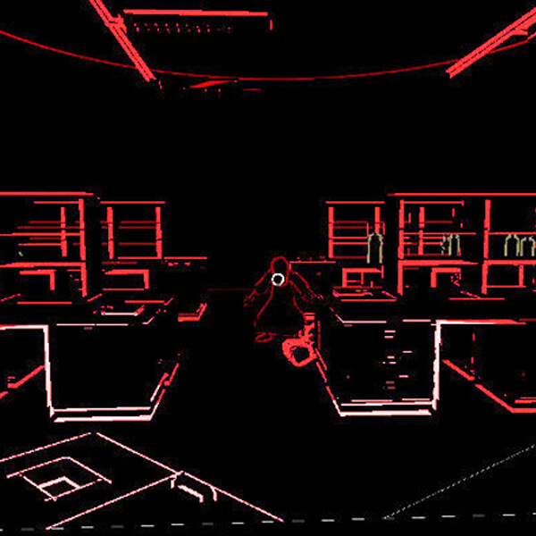 Deprived of sight, the player's perspective is seen in black or red relief. A crouching figure stands between desks