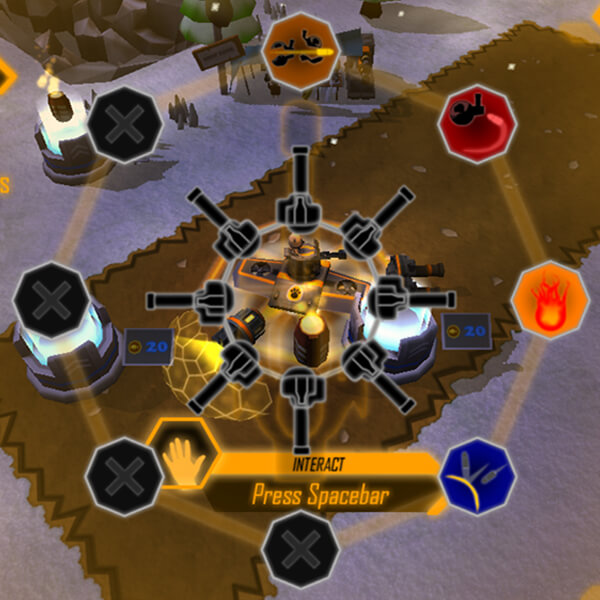 The player's tank surrounded by 360 degrees of weapons, showing slots for eight different types of guns and turrets