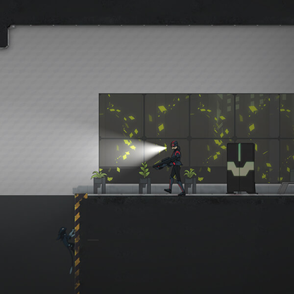 A sleek, black alien scales a wall in a hallway just outside the notice of black-clad guards and security turrets.