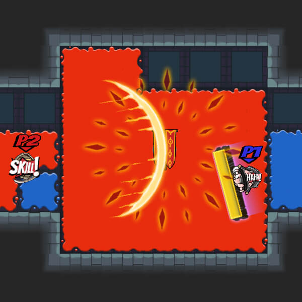 Two players in a top-down map fight each other by attempting to paint the floor with their own colors