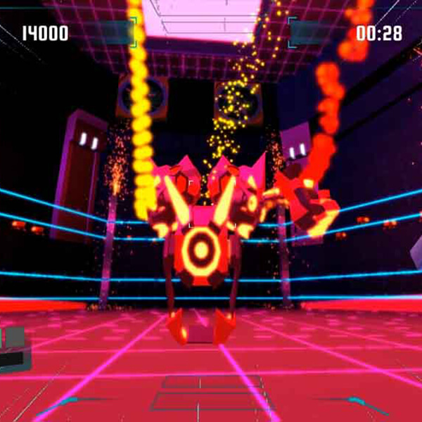 A large red and magenta robot with glowing orange highlights stands in a fighting ring lined by neon blue lasers.