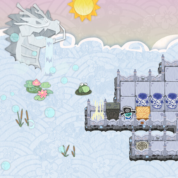 In colorful papercraft-style game art with a watery background, a small blue character stands on a gray puzzle grid platform.