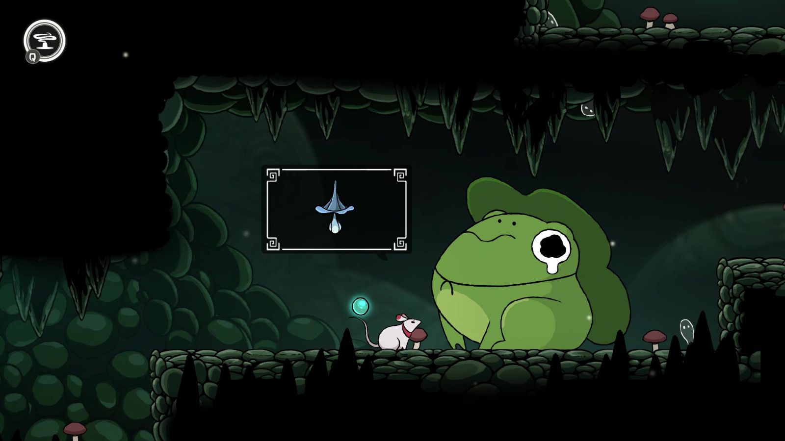 A small mouse sits before a massive green frog that's crying