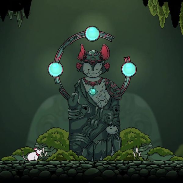A mouse sits below a broken shrine with 3 blue orbs
