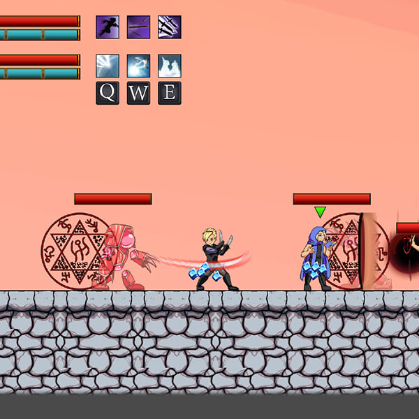 A black-clad thief wielding twin knives and a violet-cloaked mage battle against a wave of 2D enemies on a stone road.