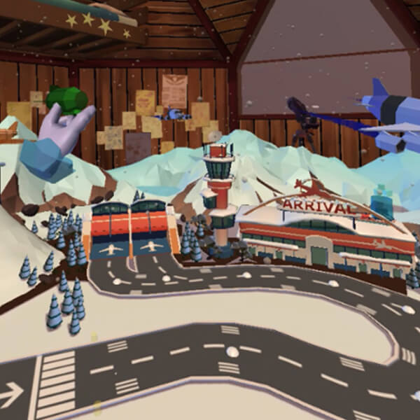 A snowy 3D modeled airport sit inside a wood-paneled room. The player's disembodied hand can be seen manipulating aircraft.