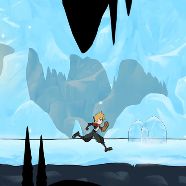 A 2D-animated character wielding a large brown gauntlet runs across an icy cavern.