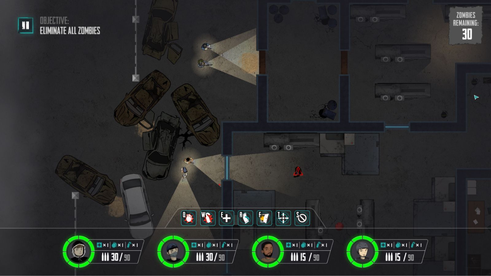 Two teams of players approach different doors to a building with flashlights.