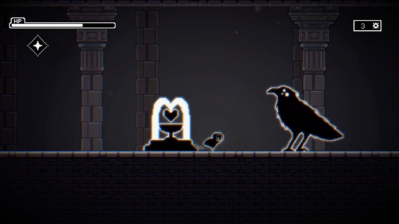 A hooded character, Ruby, stands in front of a massive crow.