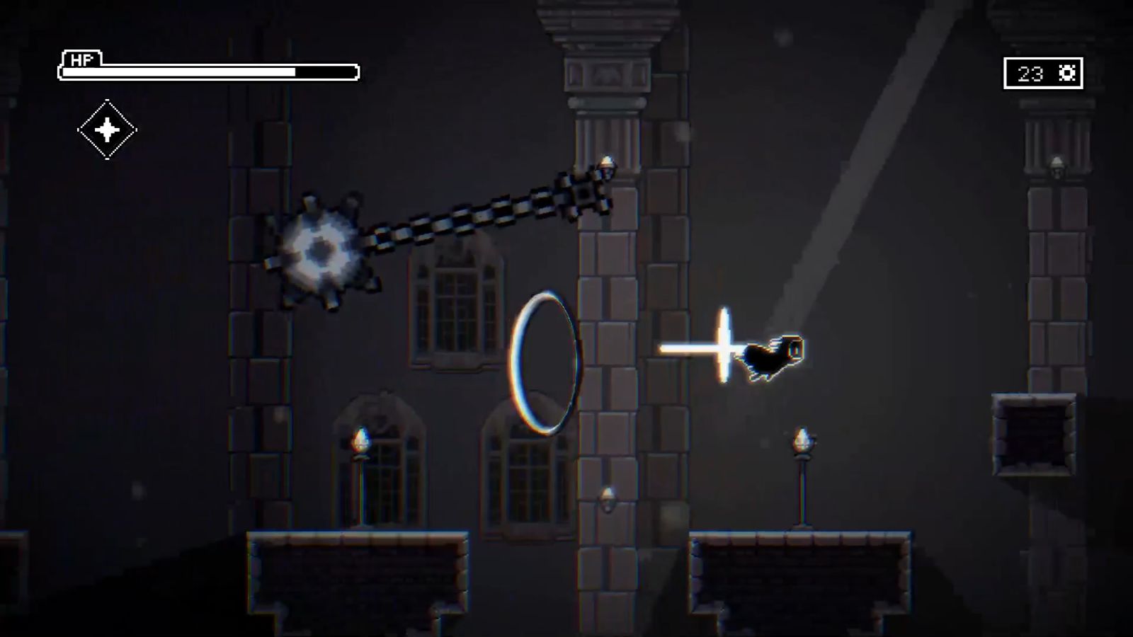 A hooded character jumps between two platforms while dodging a swinging ball and chain.