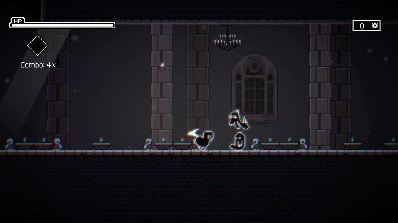 A hooded character attacks two ghostly enemies.