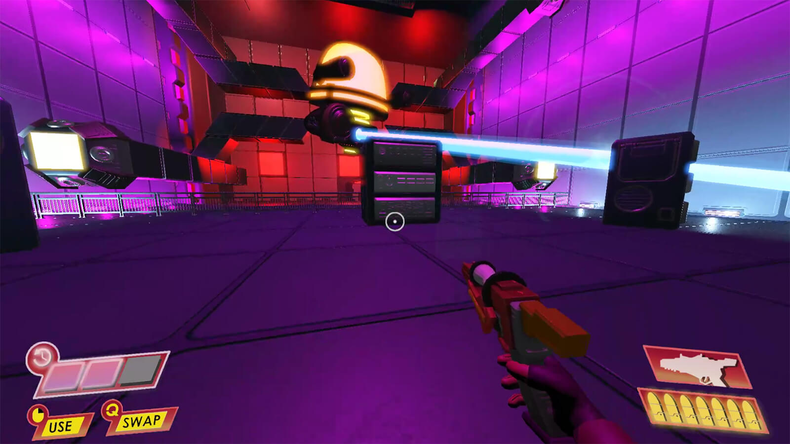 First-person view of magenta-hued room while aiming a futuristic pistol at a large, floating robot emitting a blue beam.