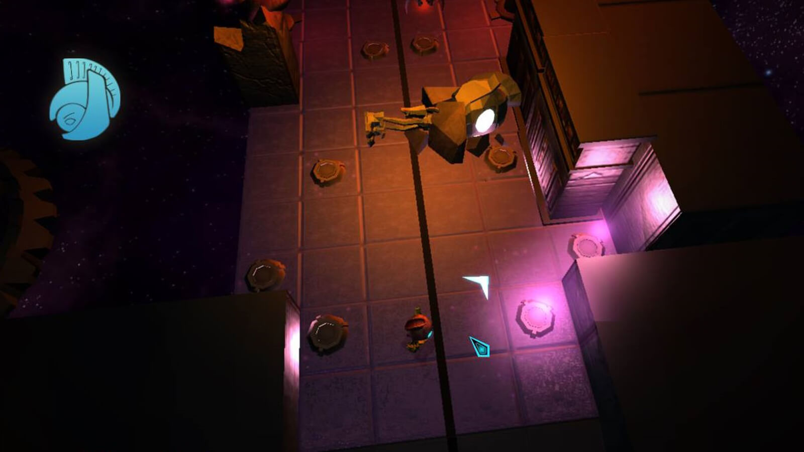 The player's character stands near glowing pink pedestals as a toppled statue lies nearby