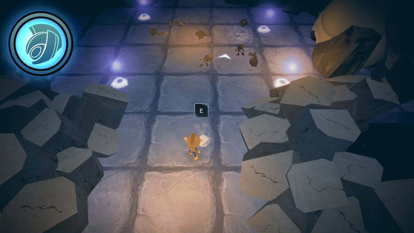 The player's character stands between two piles of broken stone rubble with several defeated enemies seen ahead