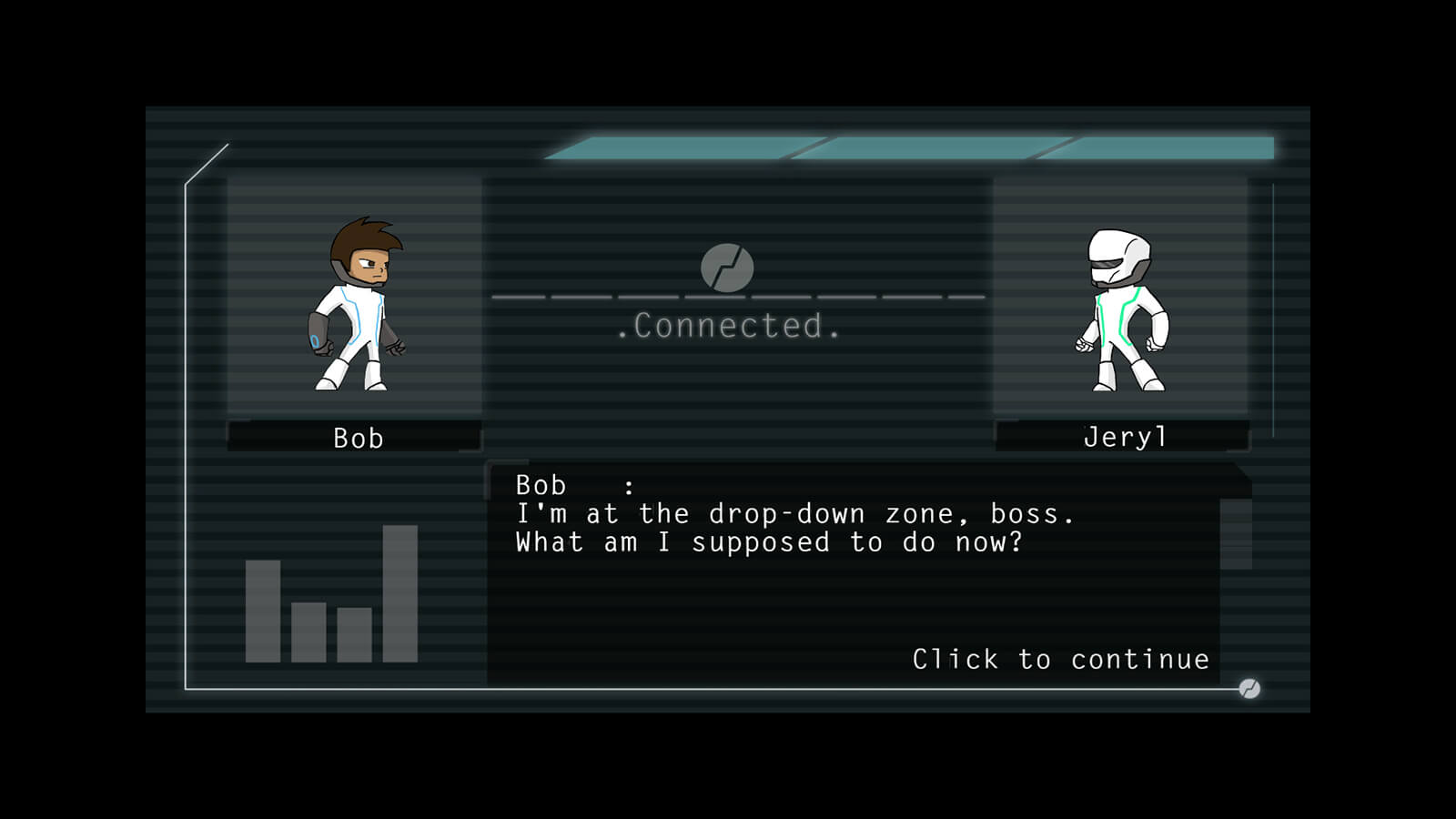 A representation of a conversation between two characters, Bob and Jeryl, both wearing futuristic white body suits.