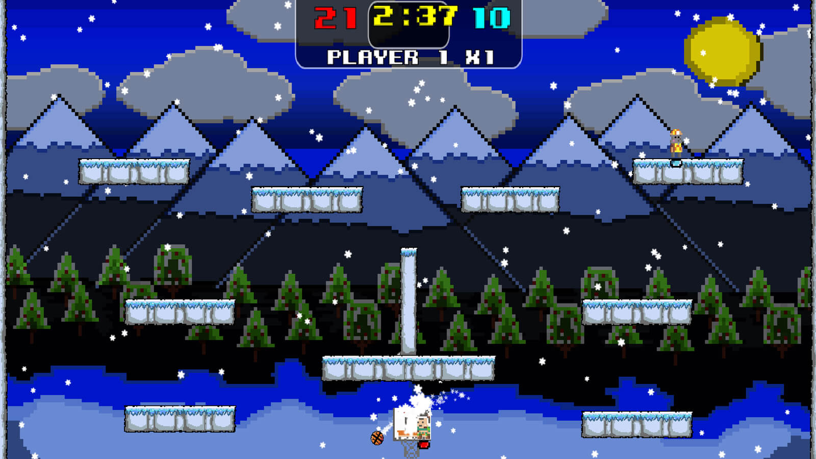 A playable character stands on an icy platform with snow-topped mountains in the background
