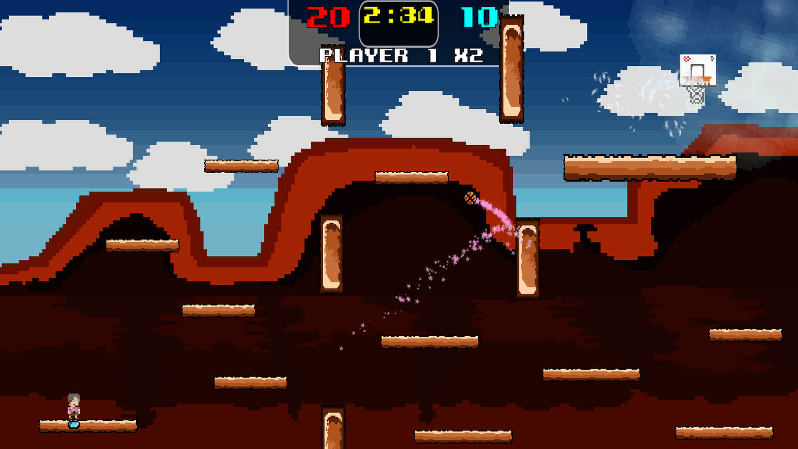 A desert level with floating wooden platforms. A basketball with pink star particles behind it bounces off a platform.